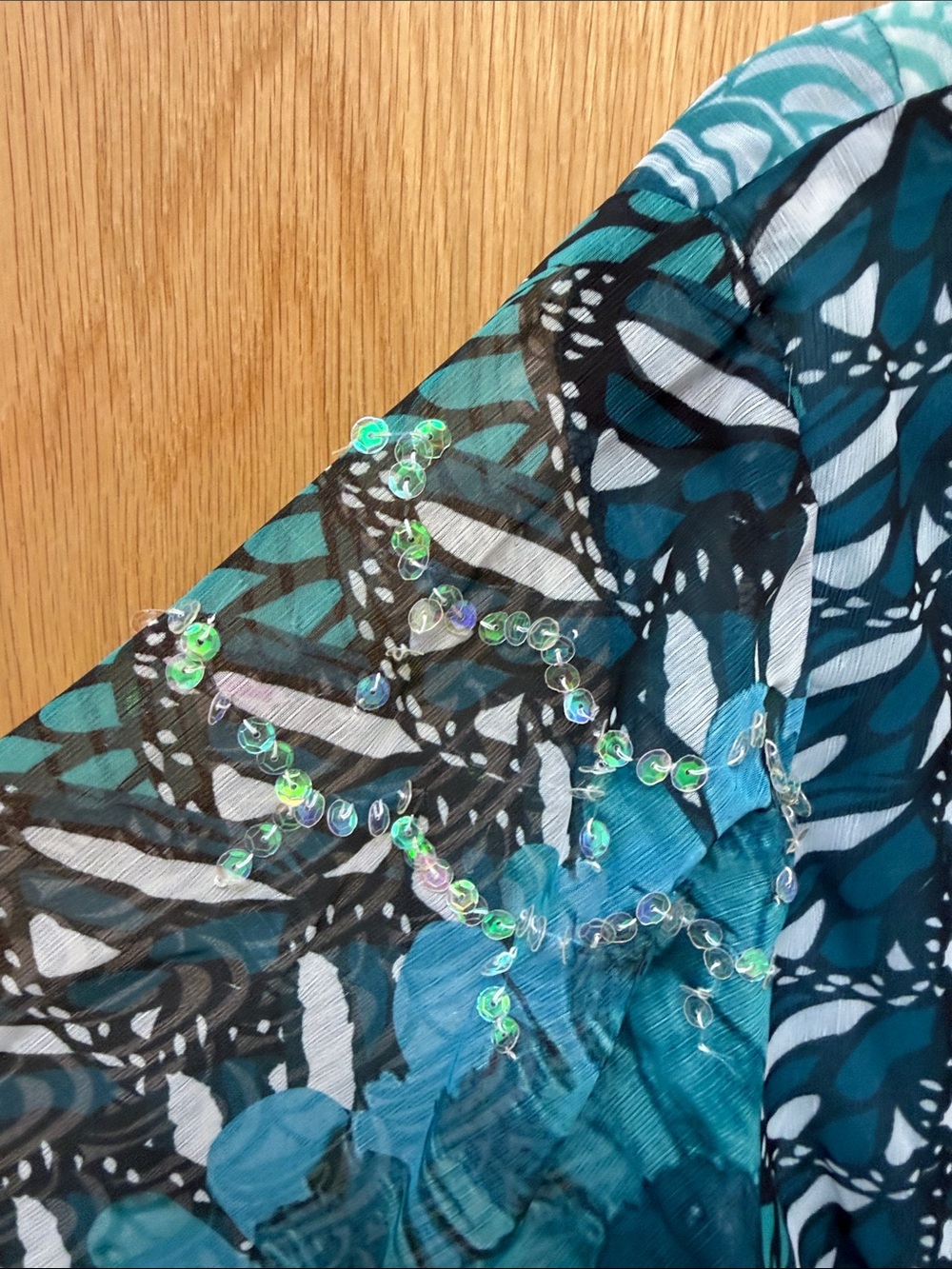Blue Teal Mixed Patterned V-Neck Resortwear Maxi Dress with Sequin Details - Picture 7 of 12